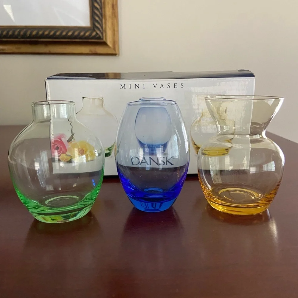 DANSK Set of 3 Mini Glass Vases - 1 Blue, 1 Green & 1 Yellow - 3